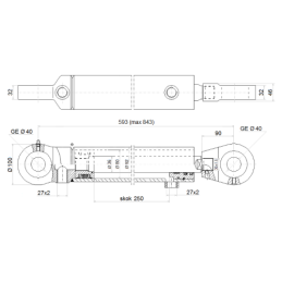 Dvigubo veikimo hidraulinio cilindro ilgis: 593 mm, eiga: 250 mm, CJ2F-80/36/250