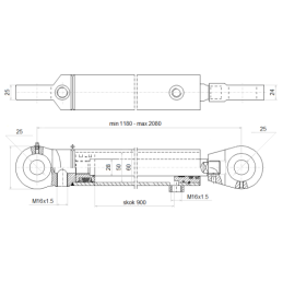 Dvigubo veikimo hidraulinio cilindro ilgis: 1180 mm, eiga: 900 mm, CJ2F 50/28/900 su U25 tvirtinimu