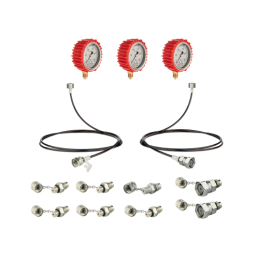 Serviso rinkinys alyvos slėgiui matuoti ir hidraulinės sistemos diagnostikai. Trys slėgio matuokliai: 160 bar, 250 bar ir 400 ba