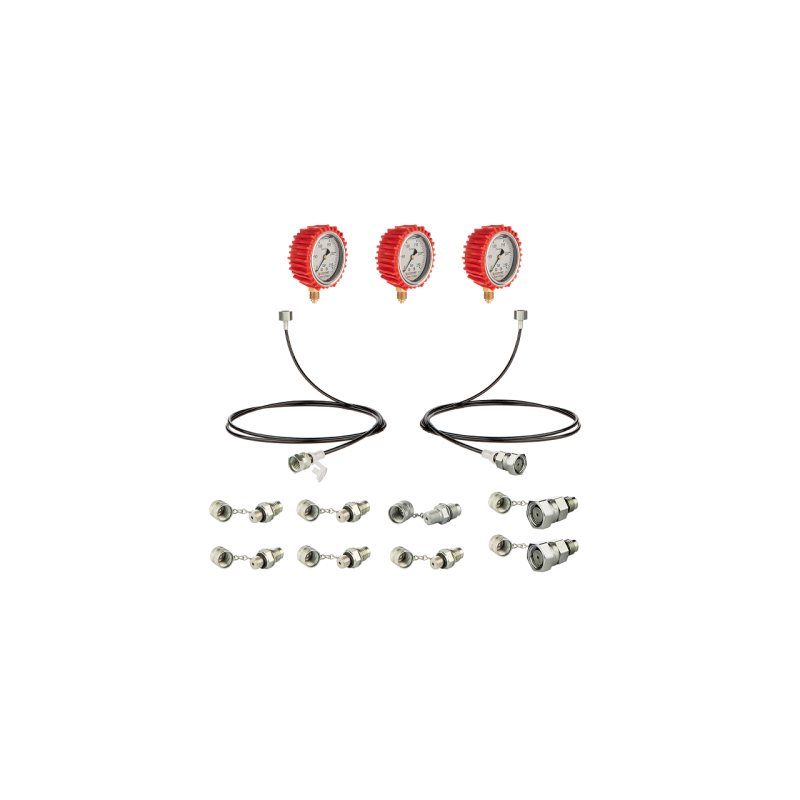 Serviso rinkinys alyvos slėgiui matuoti ir hidraulinės sistemos diagnostikai. Trys slėgio matuokliai: 160 bar, 250 bar ir 400 ba