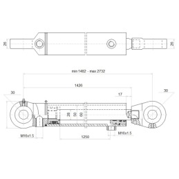 Dvigubo veikimo hidraulinio cilindro ilgis: 1482 mm, eiga: 1250 mm, CJ2F-50/28/1250 U30W