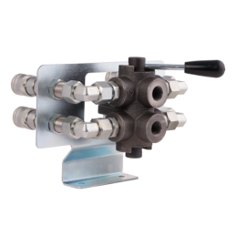 Hidraulinis lizdo skirstytuvas. Hidraulinis 6/2 rutulinis vožtuvas, greito prijungimo jungtis ir valdymo plokštė.