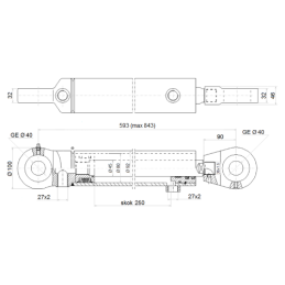 Dvigubo veikimo krautuvo hidraulinio cilindro ilgis: 593 mm, eiga: 250 mm, CJ2F-80/45/250 U40