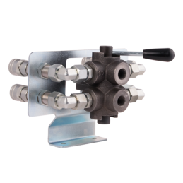 Hidraulinis lizdo skirstytuvas. Hidraulinis 6/2 rutulinis vožtuvas, greito prijungimo jungtis ir valdymo plokštė.