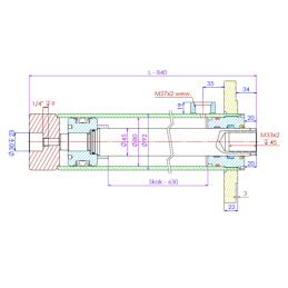 Vienpusio veikimo hidraulinio cilindro ilgis: 840 mm, eiga: 630 mm, CJ-80/45/630, skirtas „Cyklop“ krautuvui