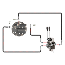 Dviejų sekcijų hidraulinis skirstytuvas su naujo tipo dangteliu ir išleidimo anga išoriniam skirstytuvui, skirtas traktoriui „Ur