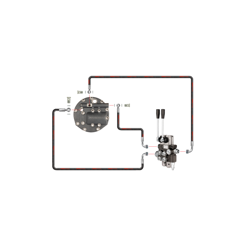 Dviejų sekcijų hidraulinis skirstytuvas su naujo tipo dangteliu ir išleidimo anga išoriniam skirstytuvui, skirtas traktoriui „Ur