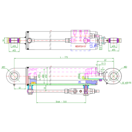 Dvigubo veikimo hidraulinio cilindro ilgis: 775 mm, eiga: 510 mm, CJ2F-80/45/510 su fiksatoriumi