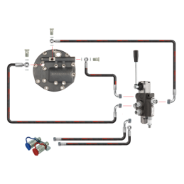 1 sekcijos hidraulinis skirstytuvas su naujo tipo dangteliu, išorinio skirstytuvo išleidimo anga ir EURO greitųjų jungčių komple