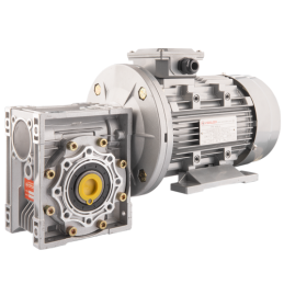 Trifazis 380 V 1,5 kW elektros variklis su HMRV 63 IEC90 sliekine pavarų dėže, kurios perdavimo skaičius yra 1:7,5. Atitinka NMR