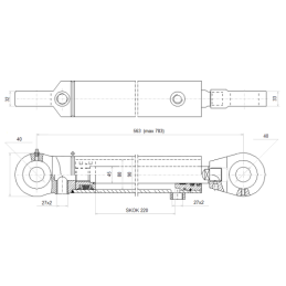 Dvigubo veikimo hidraulinio cilindro ilgis: 563 mm, eiga: 220 mm, CJ2F-80/45/220 su U40 tvirtinimu.