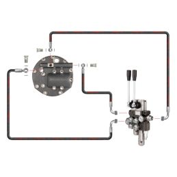 Dviejų sekcijų hidraulinis skirstytuvas su viena plūduriuojančia sekcija komplekte su naujo tipo dangteliu ir išleidimo anga išo