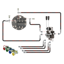 Dviejų sekcijų hidraulinis skirstytuvas su naujo tipo dangteliu, išorinio skirstytuvo išleidimo anga ir EURO greitųjų jungčių ko