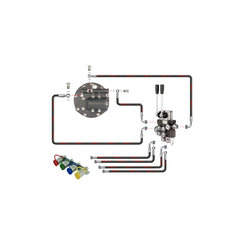 Dviejų sekcijų hidraulinis skirstytuvas su naujo tipo dangteliu, išorinio skirstytuvo išleidimo anga ir EURO greitųjų jungčių ko