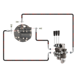 3 sekcijų hidraulinis skirstytuvas su viena plūduriuojančia sekcija komplekte su naujo tipo dangteliu ir išleidimo anga išorinia