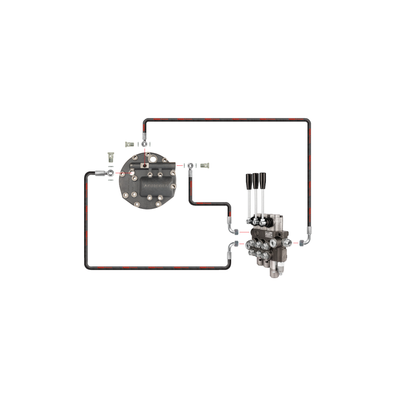 3 sekcijų hidraulinis skirstytuvas su viena plūduriuojančia sekcija komplekte su naujo tipo dangteliu ir išleidimo anga išorinia