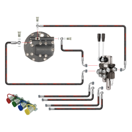 Dviejų sekcijų hidraulinis skirstytuvas su viena plūduriuojančia sekcija komplekte su naujo tipo dangteliu ir išorinio skirstytu