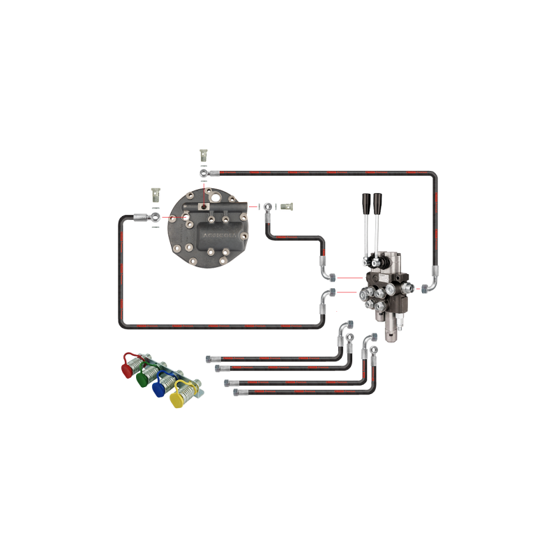 Dviejų sekcijų hidraulinis skirstytuvas su viena plūduriuojančia sekcija komplekte su naujo tipo dangteliu ir išorinio skirstytu