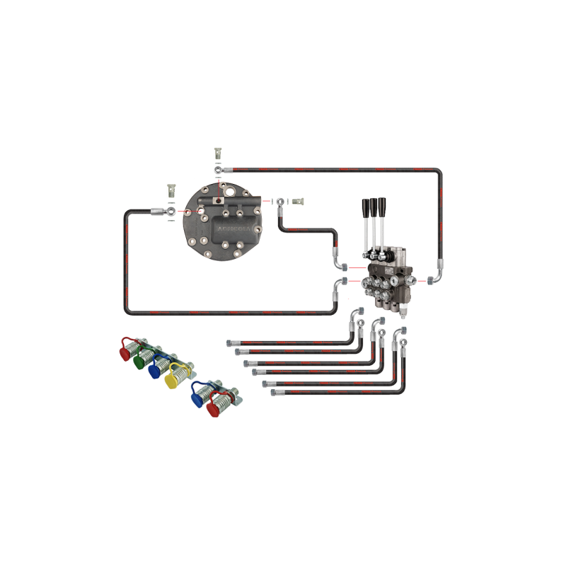 sekcijų hidraulinis skirstytuvas su naujo tipo dangteliu, išorinio skirstytuvo išleidimo anga ir EURO greitųjų jungčių komplektu