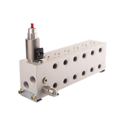 Jungiamosios plokštės vožtuvų blokas su 6 sekcijų srauto reguliatoriumi CETOP 3 NG6