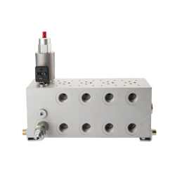 Jungiamosios plokštės vožtuvų blokas su 4 sekcijų srauto reguliatoriumi CETOP 3 NG6