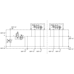 Jungiamosios plokštės vožtuvų blokas su 4 sekcijų srauto reguliatoriumi CETOP 3 NG6