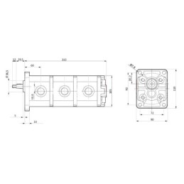 Dešinysis 3 sekcijų krumpliaratinis hidraulinis siurblys, 2 grupė, našumas: 26/26/26 cm3/aps., našumas (1500 aps.): 39/39/39 l/m