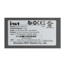 INVT GD20-7R5G-4-EU trifazis vektoriaus keitiklis. 400 V 7,5 kW elektros variklio greičio reguliatorius.