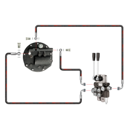 Dviejų sekcijų hidraulinis skirstytuvas su naujo tipo pilnu siurblio dangteliu ir išorinio skirstytuvo išleidimo anga