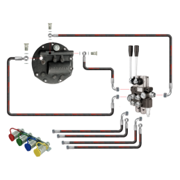 Dviejų sekcijų hidraulinis skirstytuvas su sustiprinta pompa ir naujo tipo dangteliu su išorinio skirstytuvo išleidimo anga