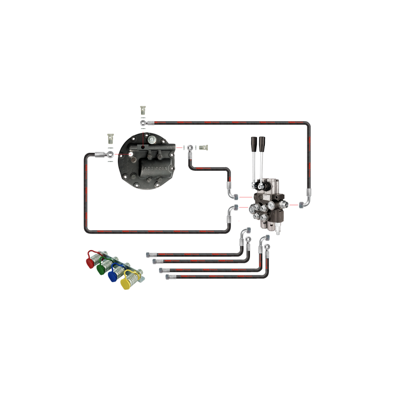 Dviejų sekcijų hidraulinis skirstytuvas su sustiprinta pompa ir naujo tipo dangteliu su išorinio skirstytuvo išleidimo anga