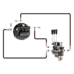 3 sekcijų hidraulinis skirstytuvas su viena plūduriuojančia sekcija, komplektuojamas su sustiprintu siurbliu ir naujo tipo dangt
