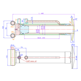 Hidraulinis atraminis pėdos cilindras, dvigubo veikimo cilindro ilgis: 440 mm, eiga 250 mm + tvirtinimo detalės su 45 cm3 rankin