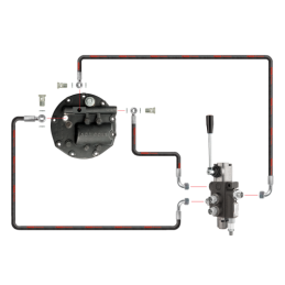 sekcijos hidraulinis skirstytuvas su sustiprinta pompa ir naujo tipo dangteliu su išorinio skirstytuvo išleidimo anga