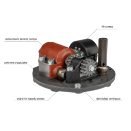 sekcijos hidraulinis skirstytuvas su sustiprinta pompa ir naujo tipo dangteliu su išorinio skirstytuvo išleidimo anga