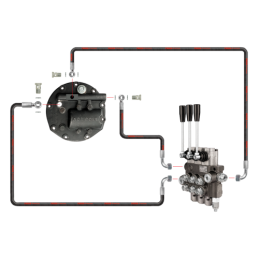 3 sekcijų hidraulinis skirstytuvas su sustiprinta pompa ir naujo tipo dangteliu su išorinio skirstytuvo išleidimo anga