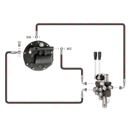 Dviejų sekcijų hidraulinis skirstytuvas su naujo tipo pilnu siurblio dangteliu ir išorinio skirstytuvo išleidimo anga