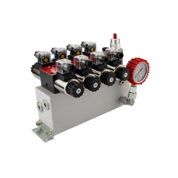 4 sekcijų 12 V hidraulinis skirstytuvo blokas, tipas Cetop 3 NG6, su proporciniu srauto reguliatoriumi, komplektuojamas su manom