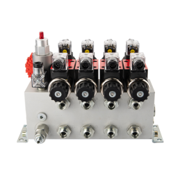 4 sekcijų 12 V hidraulinis skirstytuvo blokas, tipas Cetop 3 NG6, su proporciniu srauto reguliatoriumi, komplektuojamas su manom