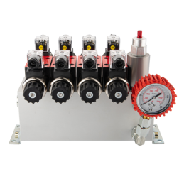 4 sekcijų 12 V hidraulinis skirstytuvo blokas, tipas Cetop 3 NG6, su proporciniu srauto reguliatoriumi, komplektuojamas su manom