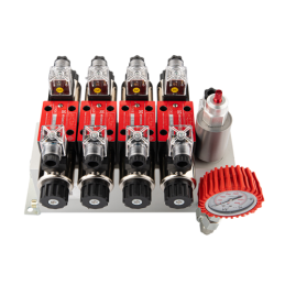 4 sekcijų 12 V hidraulinis skirstytuvo blokas, tipas Cetop 3 NG6, su proporciniu srauto reguliatoriumi, komplektuojamas su manom