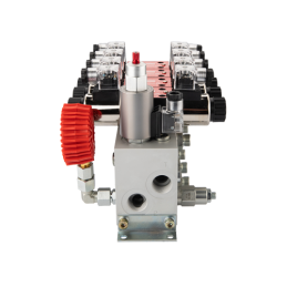 4 sekcijų 12 V hidraulinis skirstytuvo blokas, tipas Cetop 3 NG6, su proporciniu srauto reguliatoriumi, komplektuojamas su manom