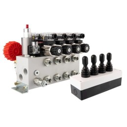 4 sekcijų 12 V hidraulinis skirstytuvo blokas, tipas Cetop 3 NG6, su proporciniu srauto reguliatoriumi, komplektuojamas su „Hydr