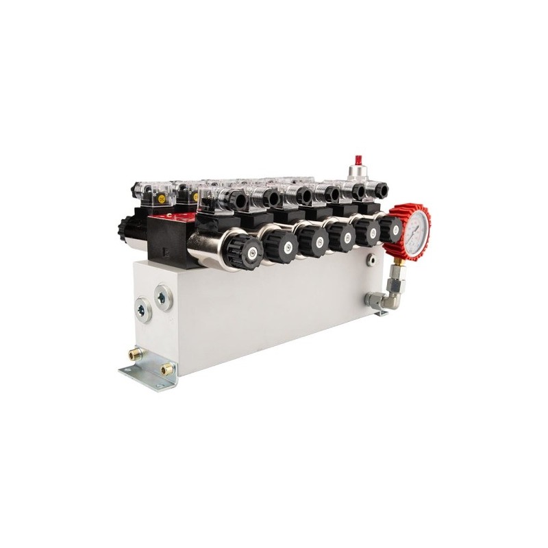 6 sekcijų 12 V hidraulinis skirstytuvo blokas, tipas Cetop 3 NG6, su proporciniu srauto reguliatoriumi, komplektuojamas su manom
