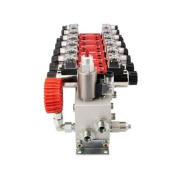 6 sekcijų 12 V hidraulinis skirstytuvo blokas, tipas Cetop 3 NG6, su proporciniu srauto reguliatoriumi, komplektuojamas su manom