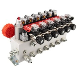 6 sekcijų 12 V hidraulinis skirstytuvo blokas, tipas Cetop 3 NG6, su proporciniu srauto reguliatoriumi, komplektuojamas su manom