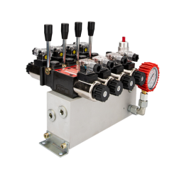 4 sekcijų 12 V hidraulinis skirstytuvo blokas, tipas Cetop 3 NG6, su proporciniu srauto reguliatoriumi, komplektuojamas su manom