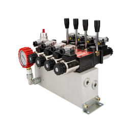 4 sekcijų 12 V hidraulinis skirstytuvo blokas, tipas Cetop 3 NG6, su proporciniu srauto reguliatoriumi, komplektuojamas su manom