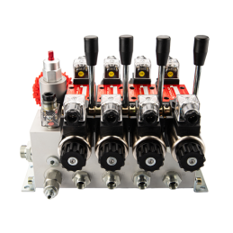 4 sekcijų 12 V hidraulinis skirstytuvo blokas, tipas Cetop 3 NG6, su proporciniu srauto reguliatoriumi, komplektuojamas su manom