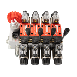 4 sekcijų 12 V hidraulinis skirstytuvo blokas, tipas Cetop 3 NG6, su proporciniu srauto reguliatoriumi, komplektuojamas su manom